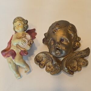 2 Vintage Cherubs Resin Gold Painted Wall Hanging And Hand Painted Ornament 4"